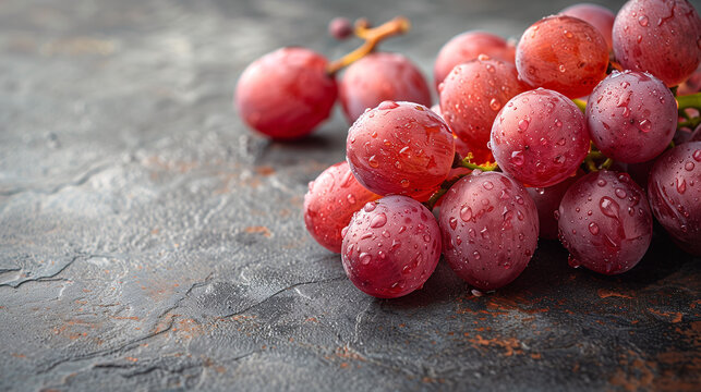 Fresh red grapes with water droplets on a dark textured background, with space for text.
