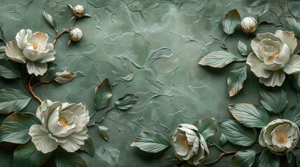 Lush Green Peony Plasterwork on Textured Wall