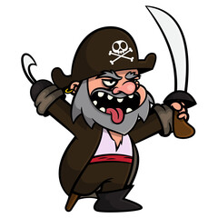 Angry Captain Pirates cartoon characters holding a sword and hook get ready to attack. Best for sticker, logo, and mascot with halloween themes