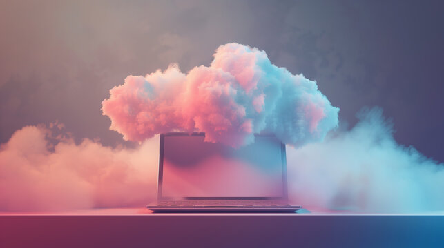 A laptop is on a table with a cloud of smoke surrounding it. Concept of technology and innovation, as well as a futuristic or sci-fi atmosphere