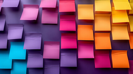 Colorful sticky notes on a board, arranged in a pattern. Shades of purple, pink, orange, and yellow create a vibrant background for organization and planning concepts.