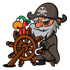 Captain Pirates cartoon characters driving wheels and sailing with a ship with his parrot. Best for sticker, logo, and mascot with medieval transportation themes 