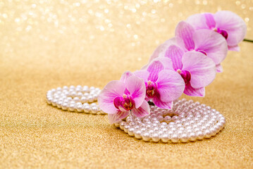 A branch of white orchids on a shiny gold background
