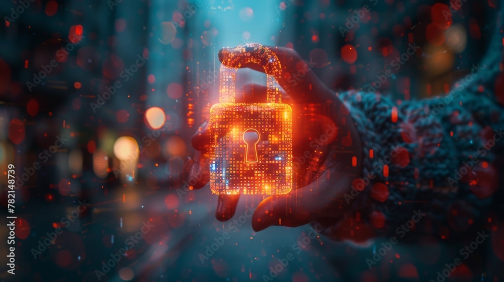 Poster Using digital padlock for data protection on blurred background