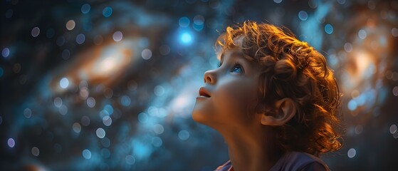 Child in Awe at a Starry Planetarium Display. Concept Night Sky Exploration, Child Wonder, Planetarium Visit, Stargazing Excitement, Celestial Inspiration - obrazy, fototapety, plakaty