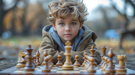 "Strategic Gaze: Young Chess Master at Play"
A thoughtful boy engrossed in a game of chess, the autumn park behind him a blur against his concentration.