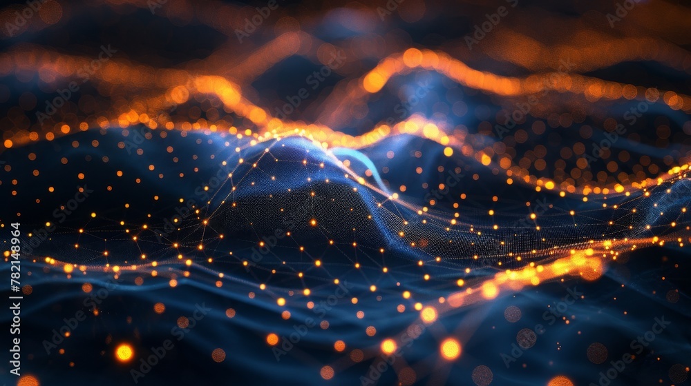 Poster Three-dimensional rendering of a digital abstract network of blue and yellow lines and dots.