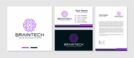 Brain Technology Modern Logo Vector Element , Smart Technology Logo , System , Brain Logo , with Business Card and Letterhead