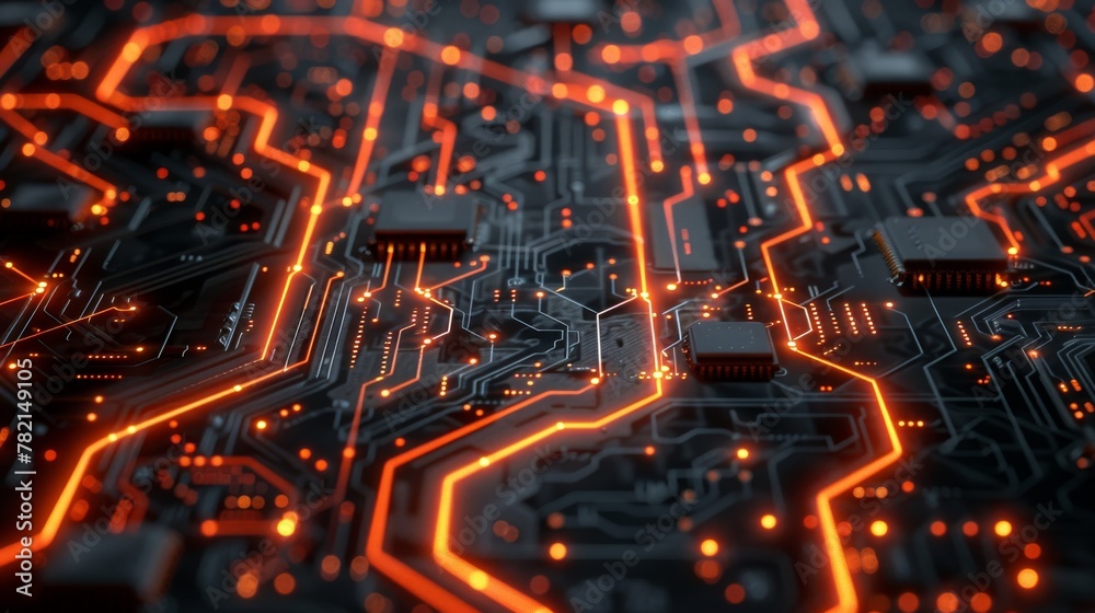 Aufkleber This concept image includes a circuit board, an abstract background showing network technology, a 3D rendering, and a concept image.