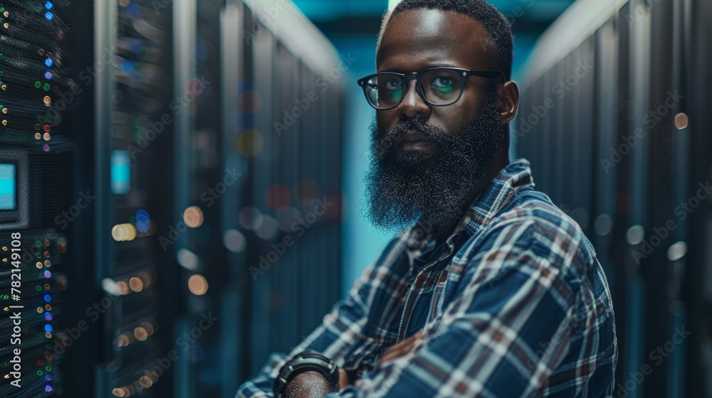 Poster The image shows a black bearded IT engineer standing in a working data center server room with racks of servers.