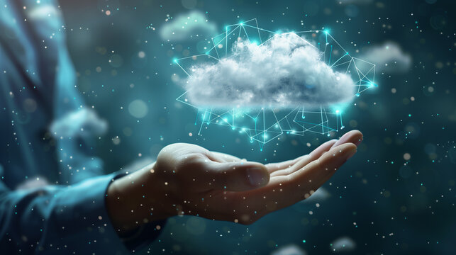 A hand is holding a cloud in the air. The cloud is made of small dots and he is floating. Concept of wonder and awe at the beauty of nature and the power of technology