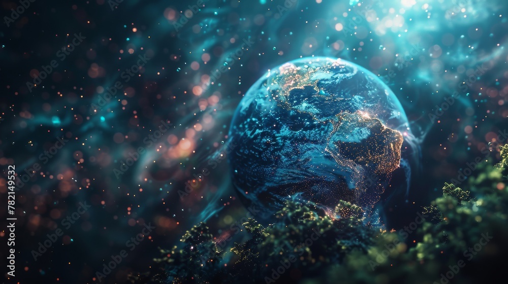 Poster Concept of global communication, abstract geometric shape with the earth, futuristic and technological concepts, 3D rendering.