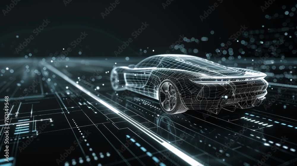 Aufkleber This is a wireframe illustration of a modern car with hi-tech user interface details in a dark environment, with a font view (3D illustration).