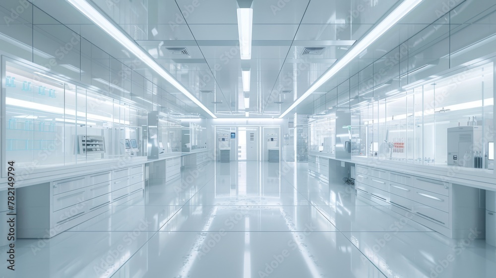Poster An empty white room with a scientific laboratory on the side. Technology background and science concept. 3D render.