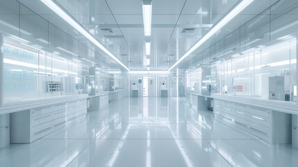 An empty white room with a scientific laboratory on the side. Technology background and science concept. 3D render.