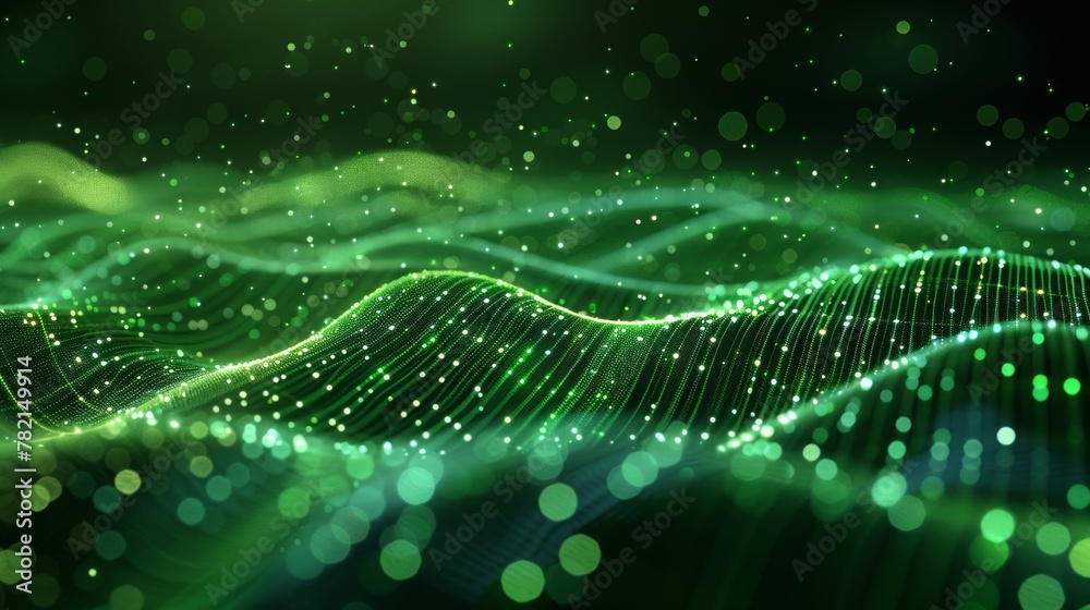 Aufkleber An abstract background with dots of green wave light. 3D rendering of big data technology.