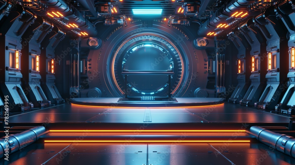 Fototapete Platform studio with hi-tech retro stage and futuristic science and technology theme in a spaceship with electric wire lamp and engine. 3D illustration rendering graphics depict high-tech product.