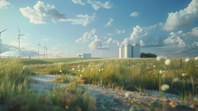 The modern hydrogen energy storage system is surrounded by a large solar power plant and wind turbine park in a sunny summer afternoon light with blue skies and scattered clouds.