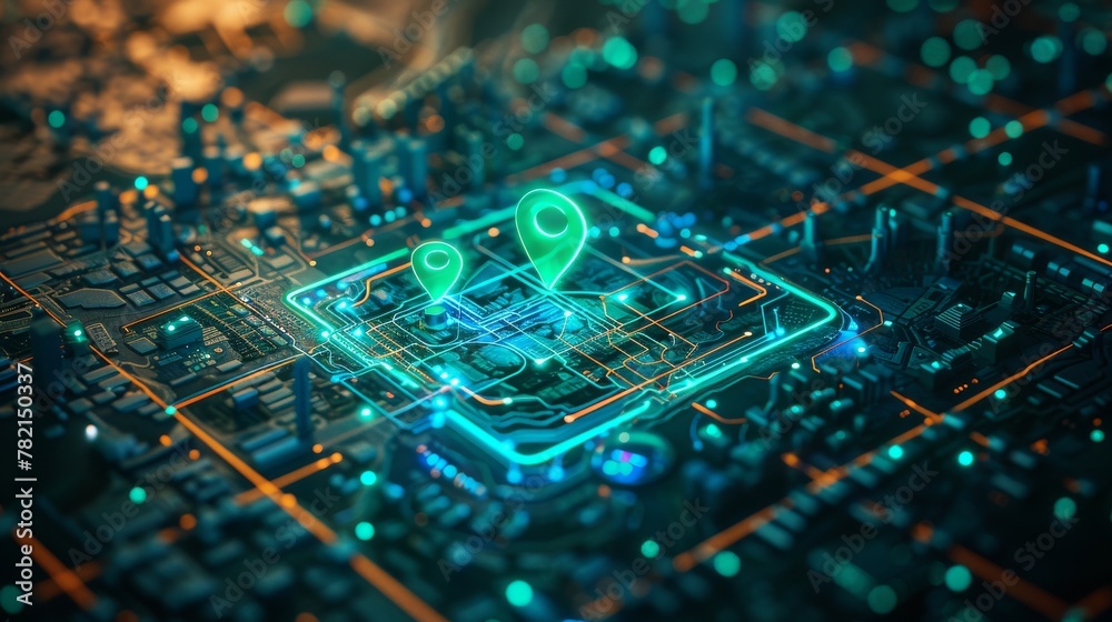 Poster A futuristic interface for a spy program. A dynamic and modern HUD. A green marker. An indicator on the map. Satellite view. Hi-tech. 3D render concept illustration.