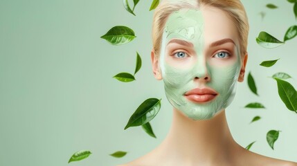 Woman enjoying a natural green clay facial mask treatment with leaves swirling around her in the air