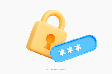 3D Locked padlock with password. Golden Lock and PIN code entry. Security and safety. Cyber Privacy concept. Cartoon creative icon design for web and app isolated on white background. 3D Vector Object - obrazy, fototapety, plakaty