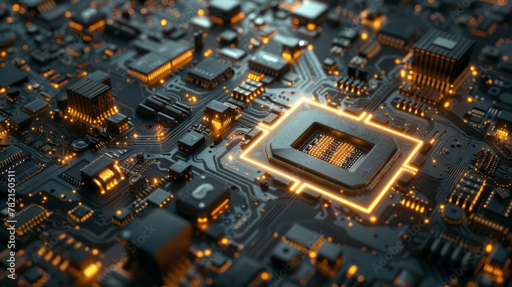Poster Computer CPU concept. Motherboard digital chip. Tech science background. Integrated communication processor. 3D illustration.