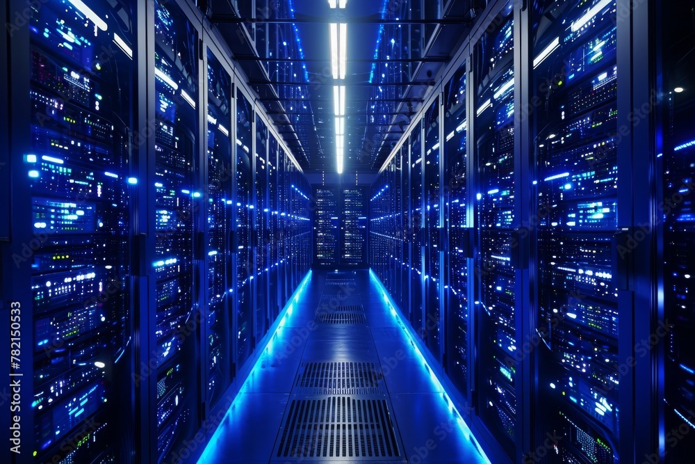 Poster a massive room filled with multiple rows of servers that are actively processing data, a three-dimen