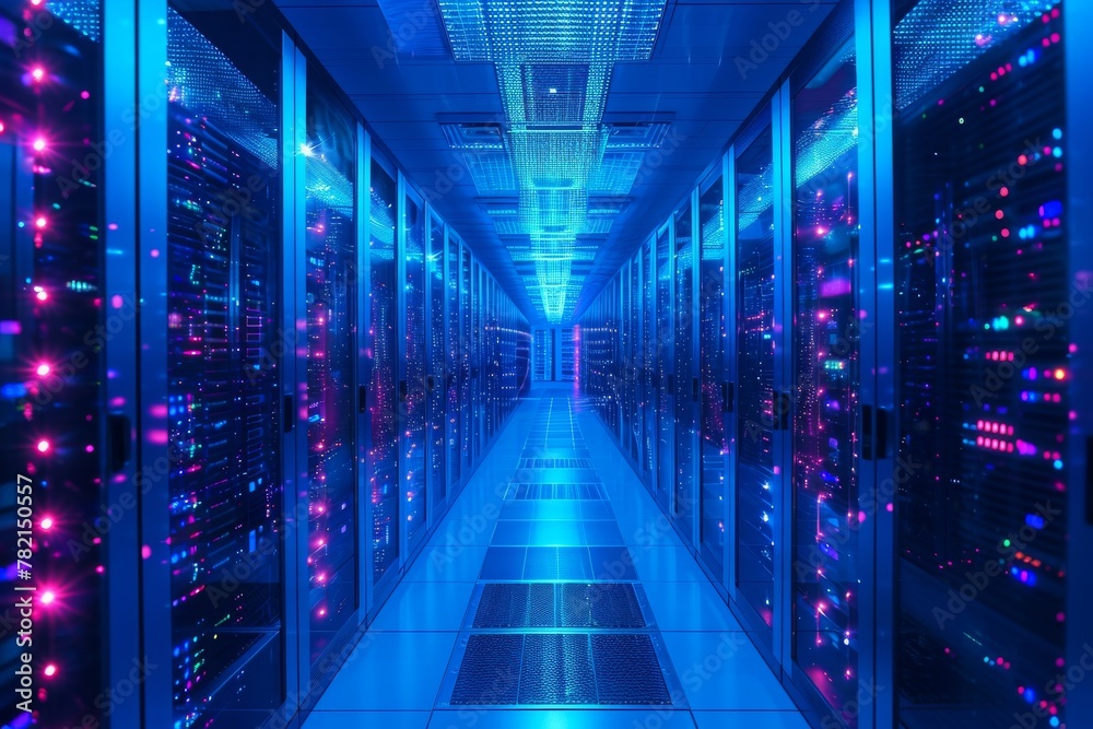 Poster multiple rows of servers in operation in a large data center, with blinking lights and cables connec