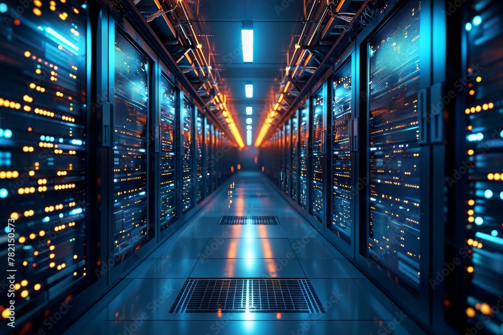 Poster a long hallway filled with neatly arranged rows of servers, providing efficient data storage and pro