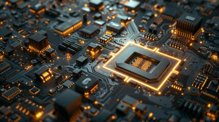 Computer CPU concept. Motherboard digital chip. Tech science background. Integrated communication processor. 3D illustration. - obrazy, fototapety, plakaty