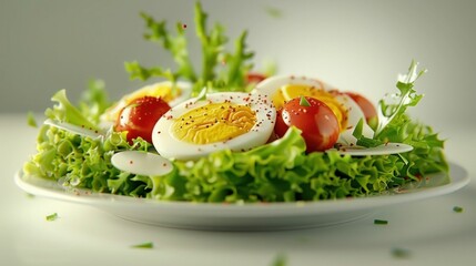 Delicious egg salad with fresh vegetables, lettuce and juicy tomatoes on a white plate
