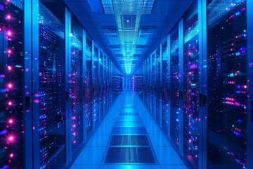 Fototapeta premium Multiple rows of servers in operation in a large data center, with blinking lights and cables connecting the units, A three-dimensional representation of a large scale server, AI Generated