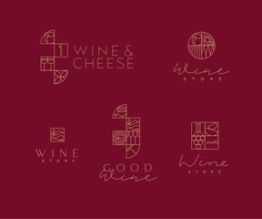 Wine art deco lettering labels drawing in linear style on red background