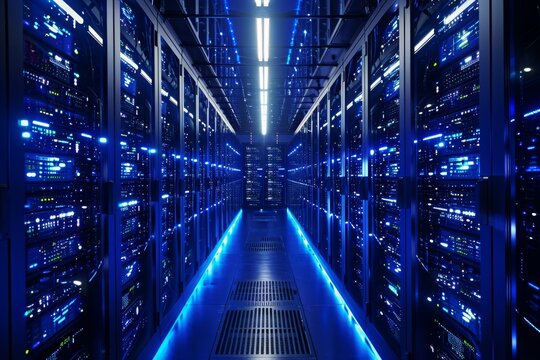 A massive room filled with multiple rows of servers that are actively processing data, A three-dimensional representation of a large scale server, AI Generated