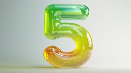 High quality 3D rendering of luminous yellow to green gradient font. Disco style number 5 isolated on white background.