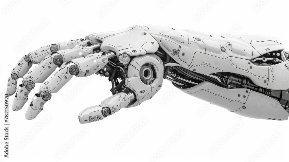 Poster Computer digital drawing of a mechanical arm with a white background. 3D rendering.