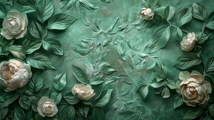 Lush Green Peony Plasterwork on Textured Wall