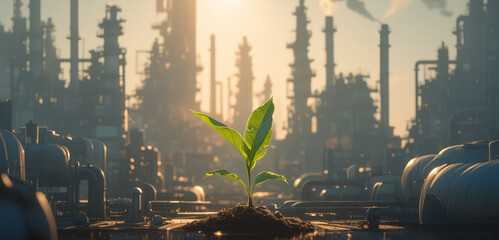 A green plant growing in front of an industrial factory, symbolizing the integration and blending between nature and industry.  - obrazy, fototapety, plakaty