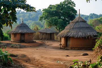 A collection of huts positioned on a dirt road, showcasing a rural setting, A traditional African mud hut village, AI Generated