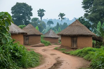 Fototapeta premium A dirt road lined with huts in a rural setting, A traditional African mud hut village, AI Generated
