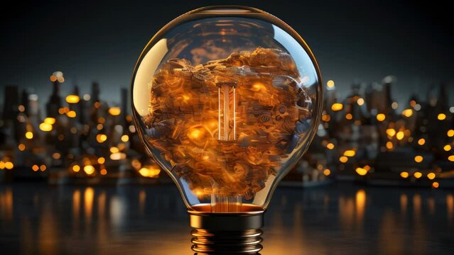 Light bulb with gears inside on blurred city background