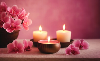 Burning candles and pink tropical flowers on the table. A peaceful and relaxing atmosphere with a touch of color and light. Suitable for spa or beauty themes. Space for text.