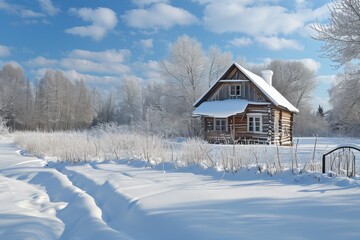 A log cabin surrounded by a snowy field, showcasing the wintry landscape, A traditional Russian Dacha in a snowy landscape, AI Generated