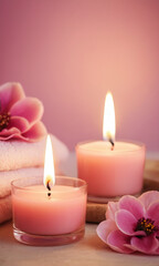 Fototapeta na wymiar Burning candles and pink flowers on the table. A peaceful and relaxing atmosphere with a touch of color and light. Suitable for spa or beauty themes with space for text. 