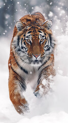 Fototapeta na wymiar Tiger running through deep snow in a harsh winter landscape. Tiger in wild winter nature