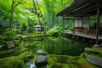 Fototapeta na wymiar A small pond nestled among vibrant green trees in a natural landscape, A tranquil bamboo and moss garden in Kyoto, Japan, AI Generated