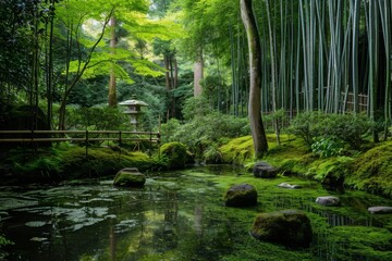 A vibrant forest teeming with numerous trees, offering a dense and verdant landscape, A tranquil bamboo and moss garden in Kyoto, Japan, AI Generated