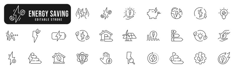 Set of energy savings line icons. Energy, power, house, electric etc. Editable stroke