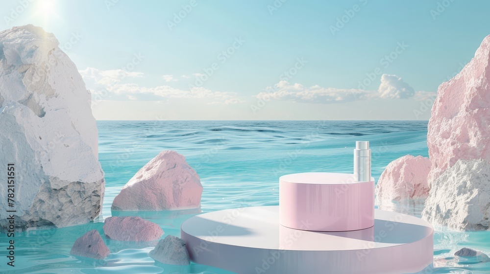Poster a natural beauty podium backdrop with a cylinder box for displaying cosmetic products. background co