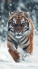 Fototapeta na wymiar Tiger running through deep snow in a harsh winter landscape. Tiger in wild winter nature